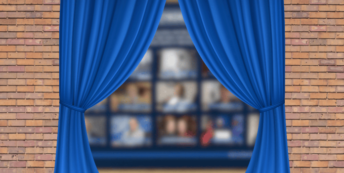 Illustration of blue curtains are drawn open against a brick wall, revealing a blurred, glass‑fronted display behind them that appears to contain multiple framed images arranged in a grid. 