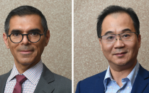 Two side-by-side professional headshots of people wearing glasses and business attire against a neutral background. 