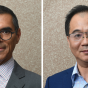 Two side-by-side professional headshots of people wearing glasses and business attire against a neutral background. 