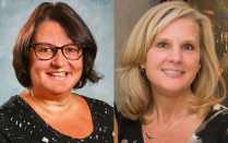 Split image showing two professional headshot portraits side by side. Each portrait features a person facing the camera against different indoor backgrounds, one with a neutral studio backdrop and the other in a softly lit setting. 