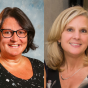 Split image showing two professional headshot portraits side by side. Each portrait features a person facing the camera against different indoor backgrounds, one with a neutral studio backdrop and the other in a softly lit setting. 