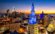 Skyline of downtown Buffalo, NY at dusk. 