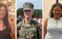 Three-photo collage featuring UB Law students. The images show a student portrait at an event, a student in military uniform outdoors, and a student portrait in a light blue top. 