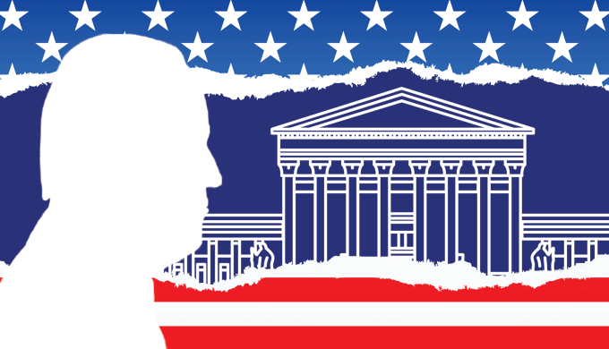 A silhouette of Pres. Biden against an illustration of the U.S. flag and outline of the U.S. Supreme Court building. 