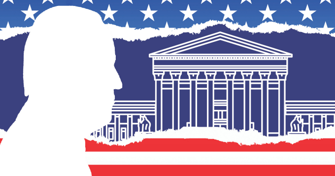 Silhouette of a person in front of an illustration of a classical government building, set against a background featuring stars and stripes in the style of the American flag. 
