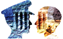 colorful illustration of two profiles, one wearing police hat, other without. 