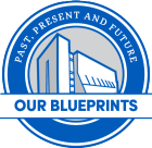 Circular blue and gray logo featuring a stylized building illustration. Text around the top reads ‘Past, Present and Future,’ and a banner across the bottom reads ‘Our Blueprints. 