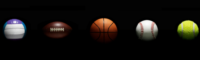 Row of five sports balls on a black background, including a football, basketball, baseball, and tennis balls, evenly spaced across the image. 