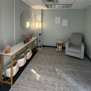 room with chair, shelves, grey rug, mirror on the wall. 