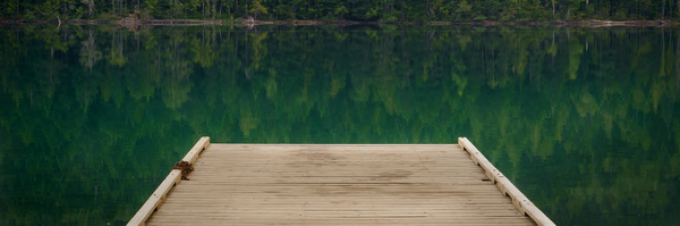 Image of a dock overlooking water and trees. 