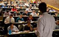 a classroom view of students attending class. 