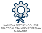 A graphic of a gray gear with a dark blue outline, overlaid with a blue pencil and wrench crossed in front of it. Below the graphic, text reads: &ldquo;Named a Best School for Practical Training by PreLaw Magazine.&rdquo;. 